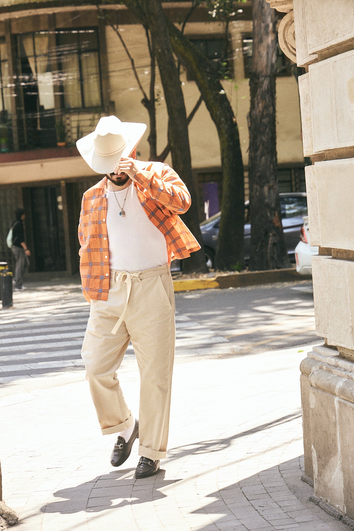 Orange Plaid Open Collar Shirt