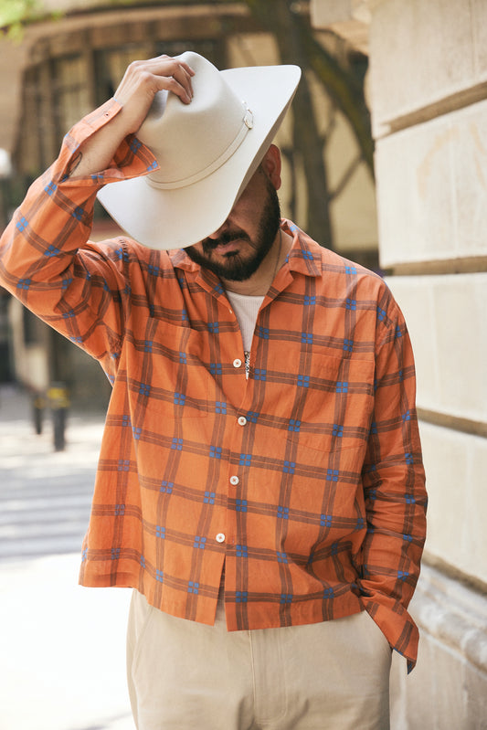Orange Plaid Open Collar Shirt