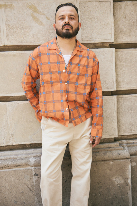 Orange Plaid Open Collar Shirt