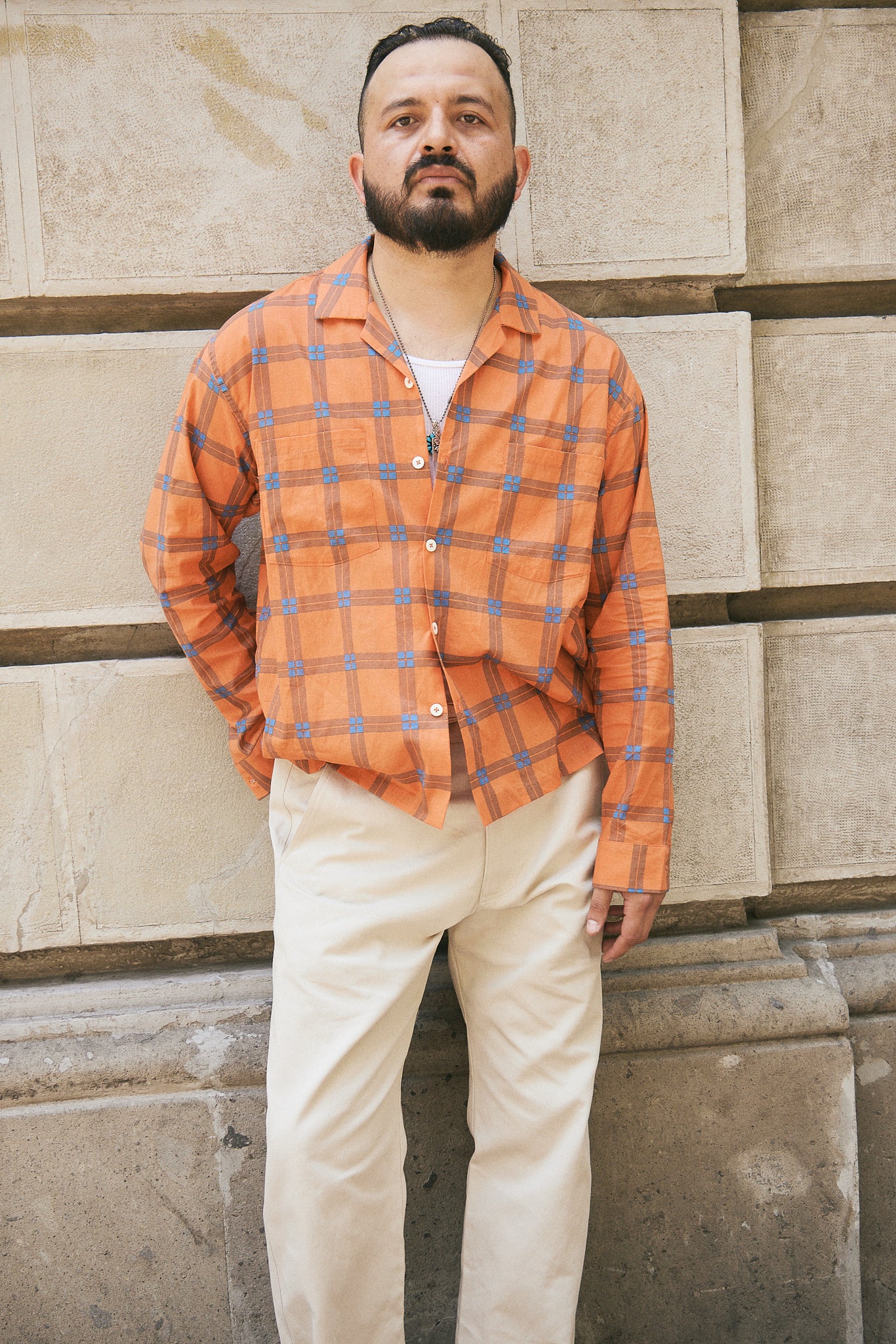 Orange Plaid Open Collar Shirt