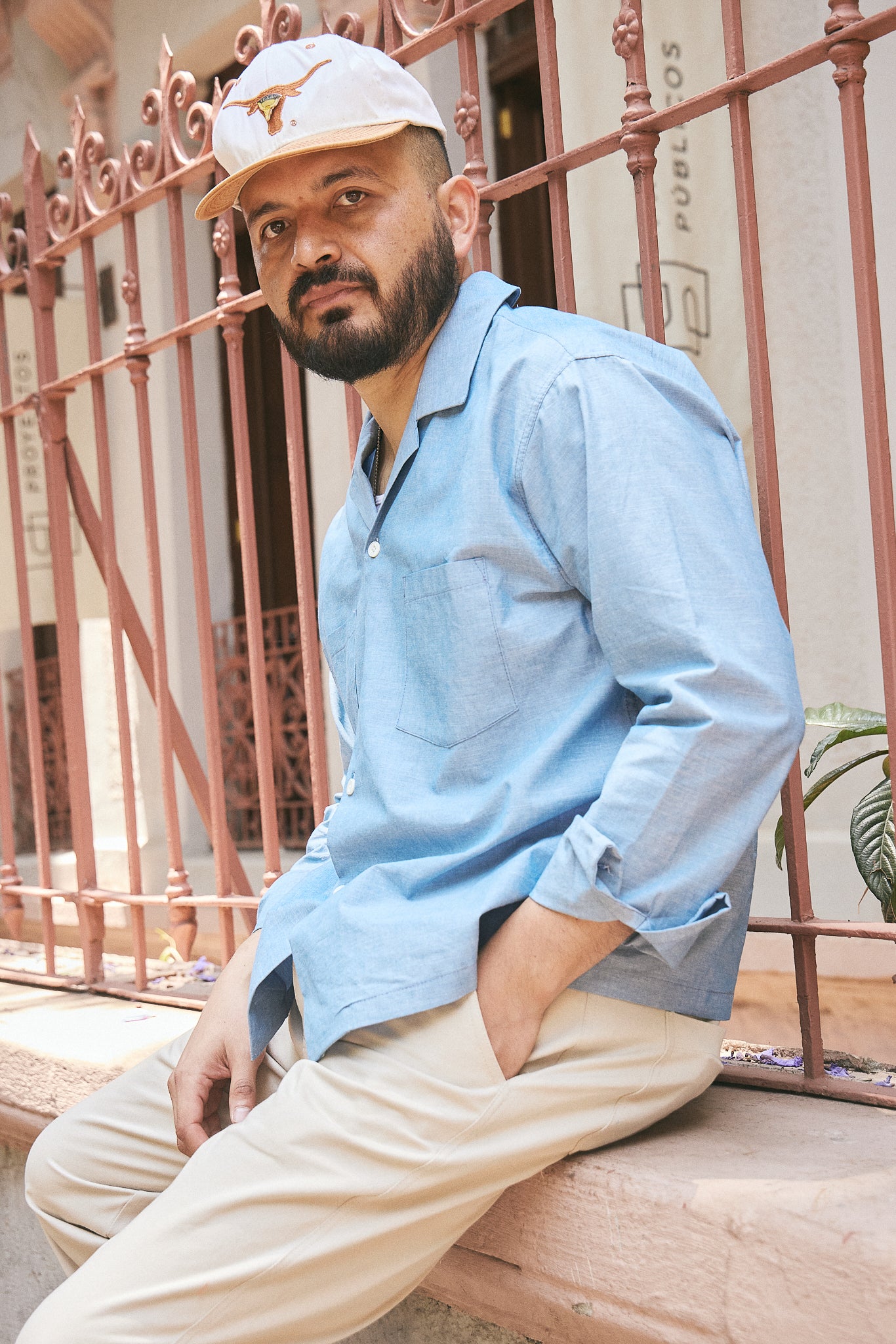 Blue Chambray Open Collar Shirt