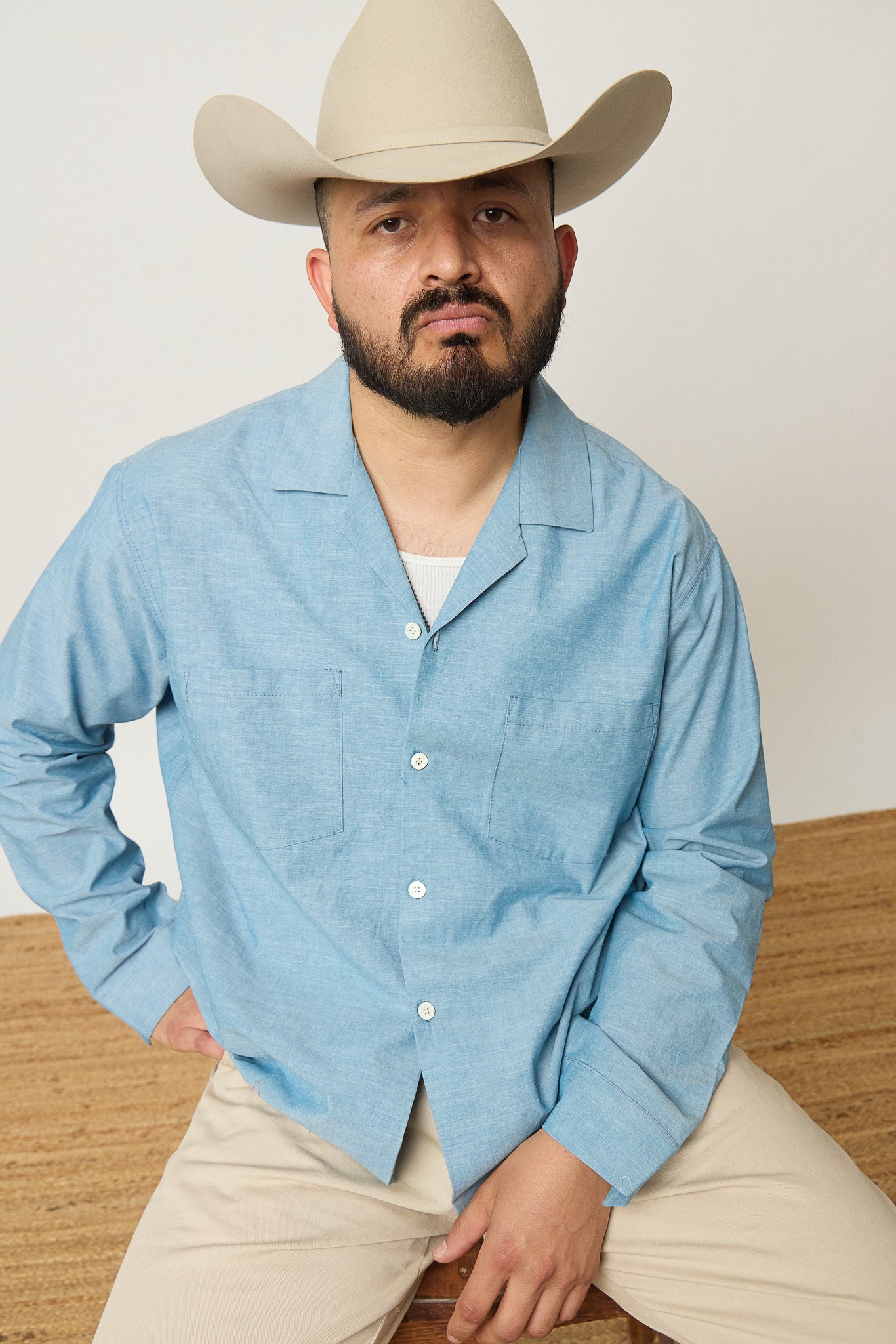 Blue Chambray Open Collar Shirt