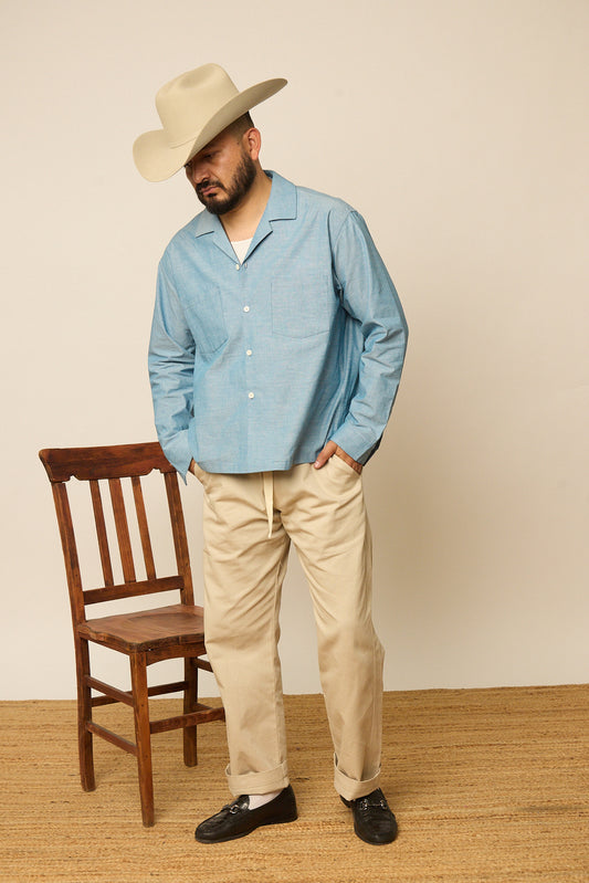 Blue Chambray Open Collar Shirt