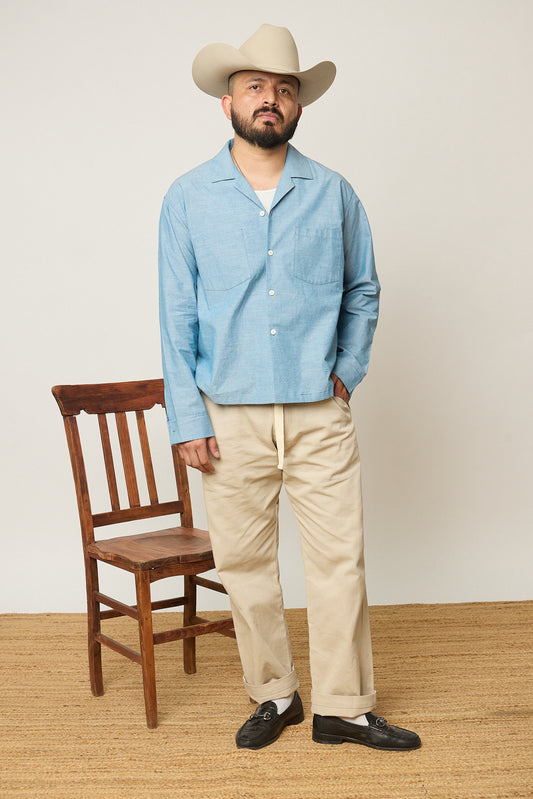 Blue Chambray Open Collar Shirt