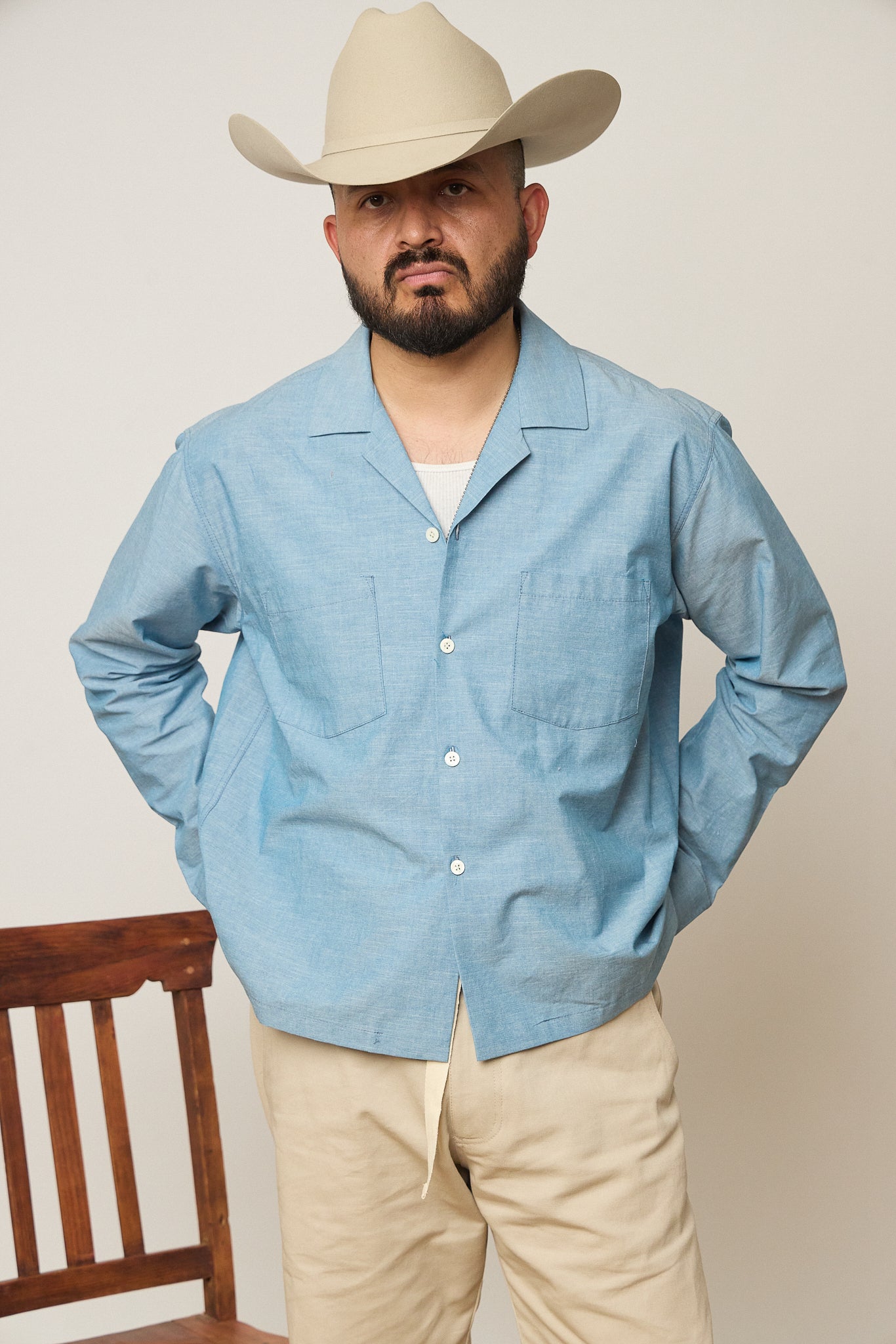 Blue Chambray Open Collar Shirt