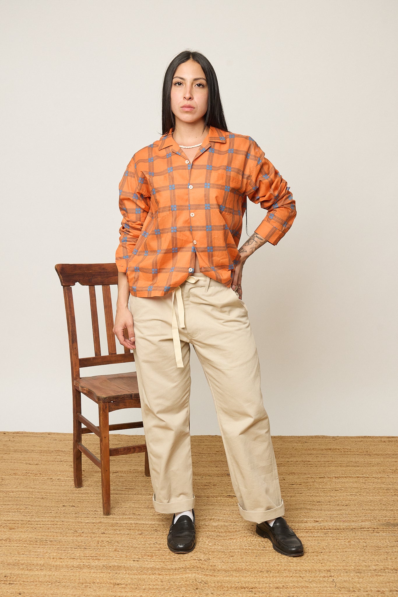 Orange Plaid Open Collar Shirt