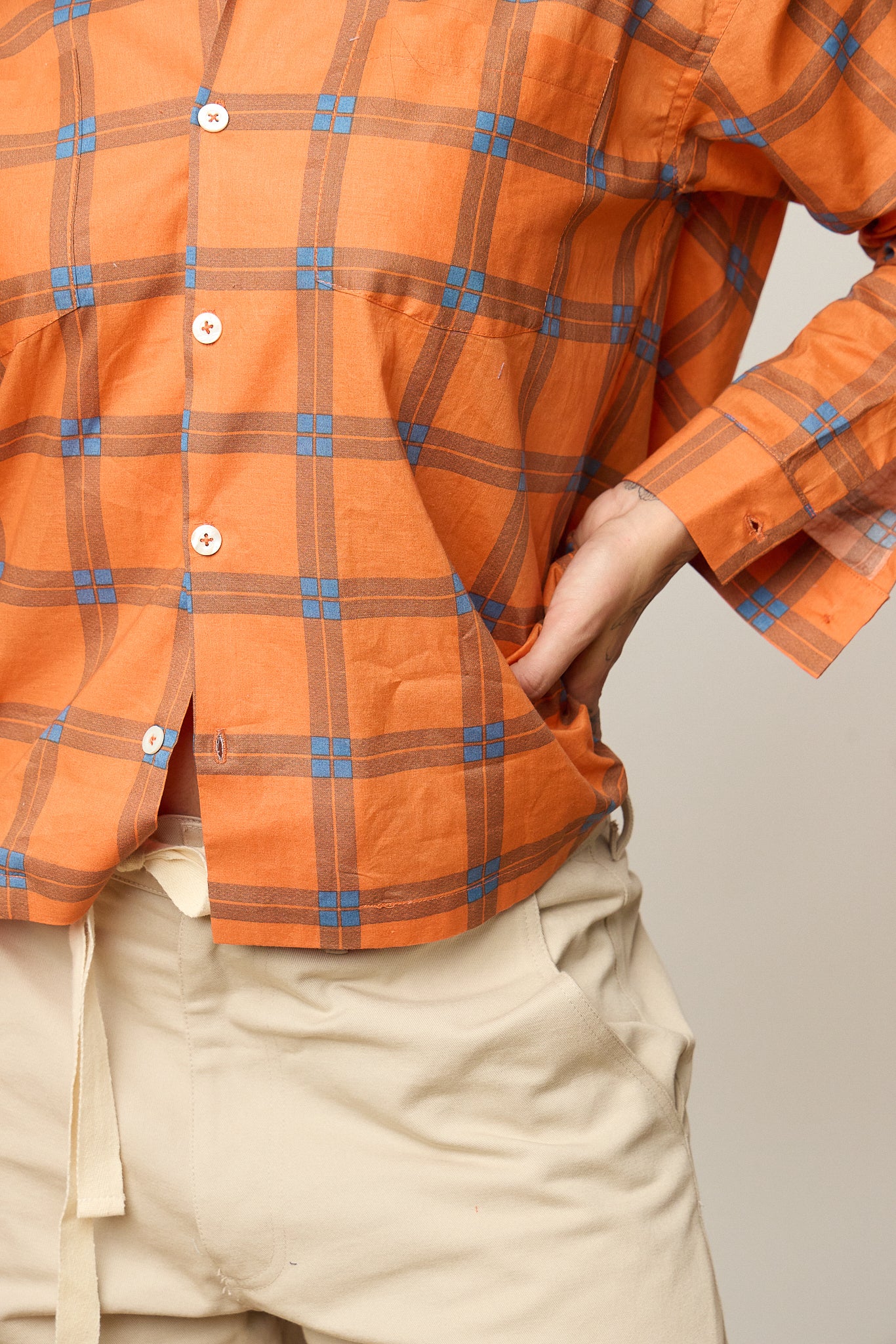 Orange Plaid Open Collar Shirt