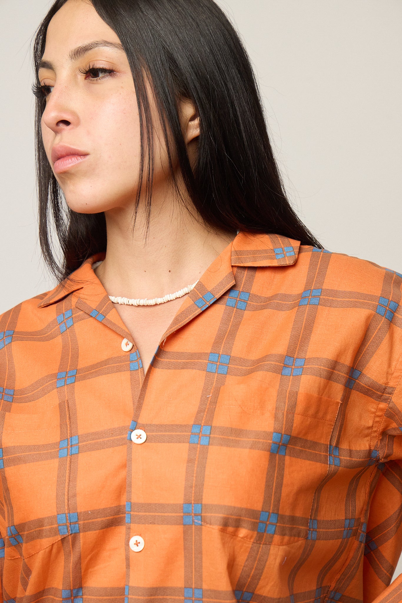 Orange Plaid Open Collar Shirt