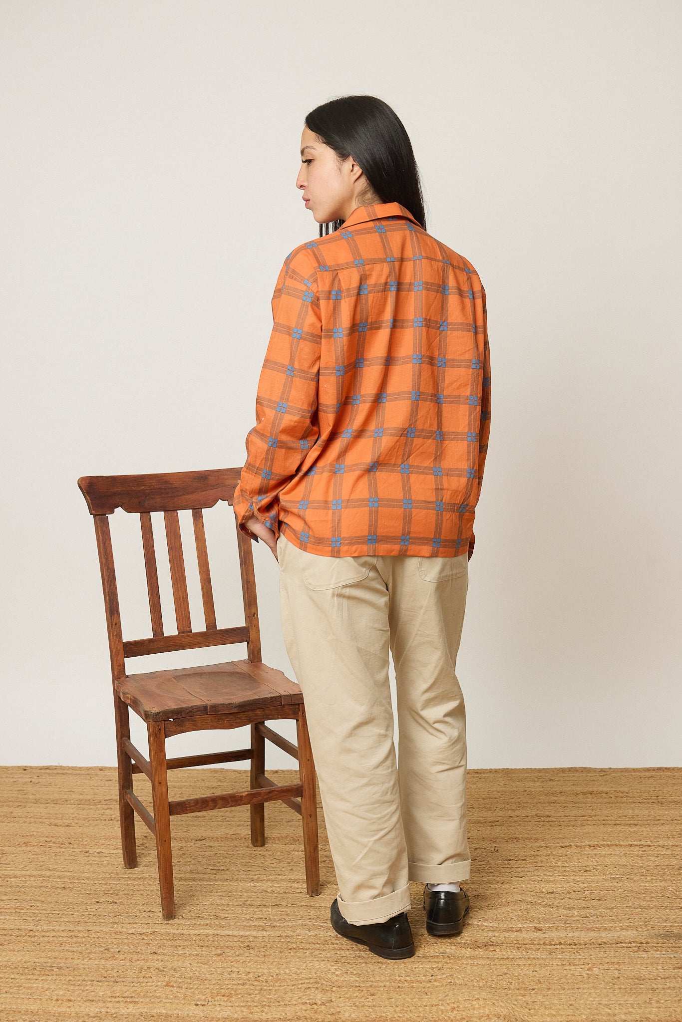 Orange Plaid Open Collar Shirt