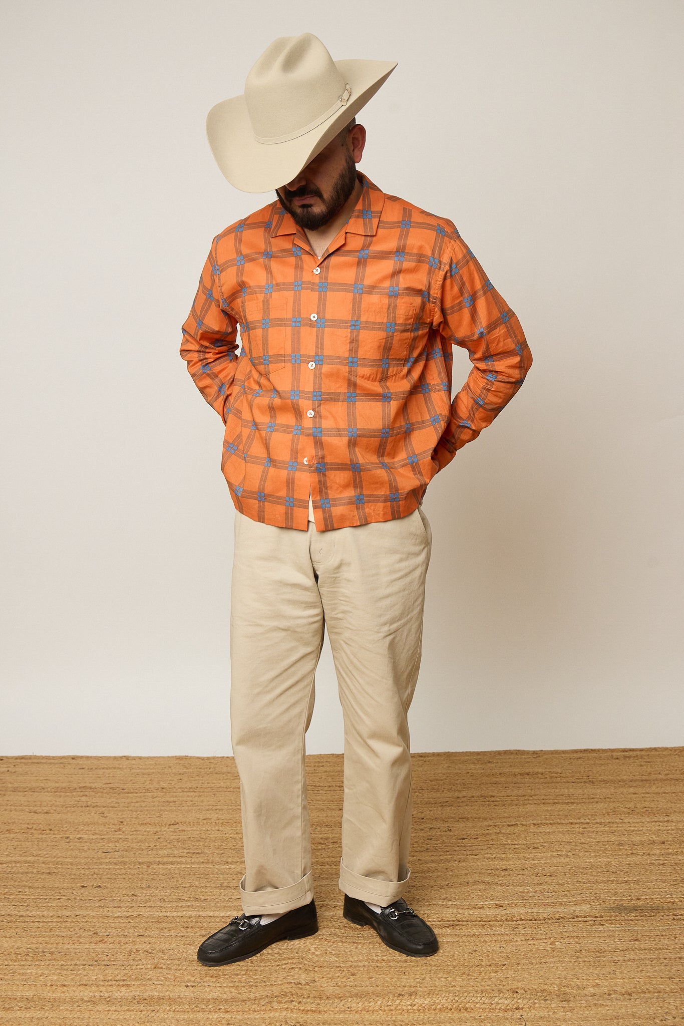 Orange Plaid Open Collar Shirt