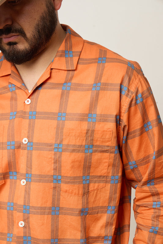 Orange Plaid Open Collar Shirt